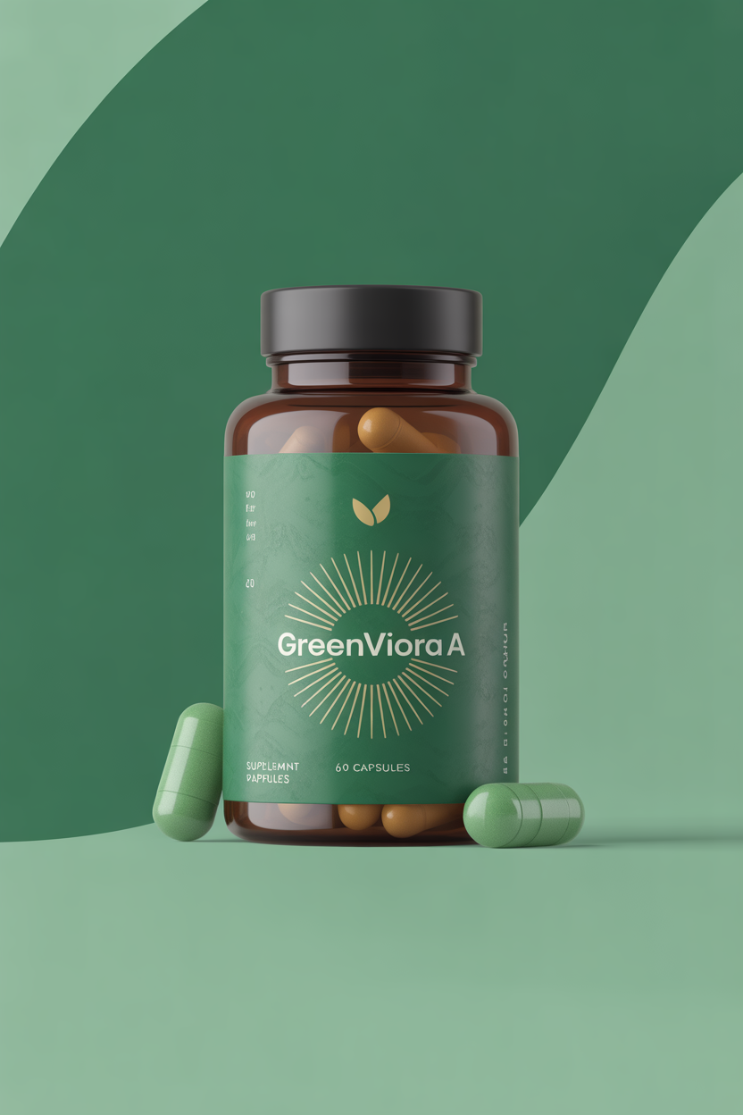 Greenviora product bottle in green and gold package design